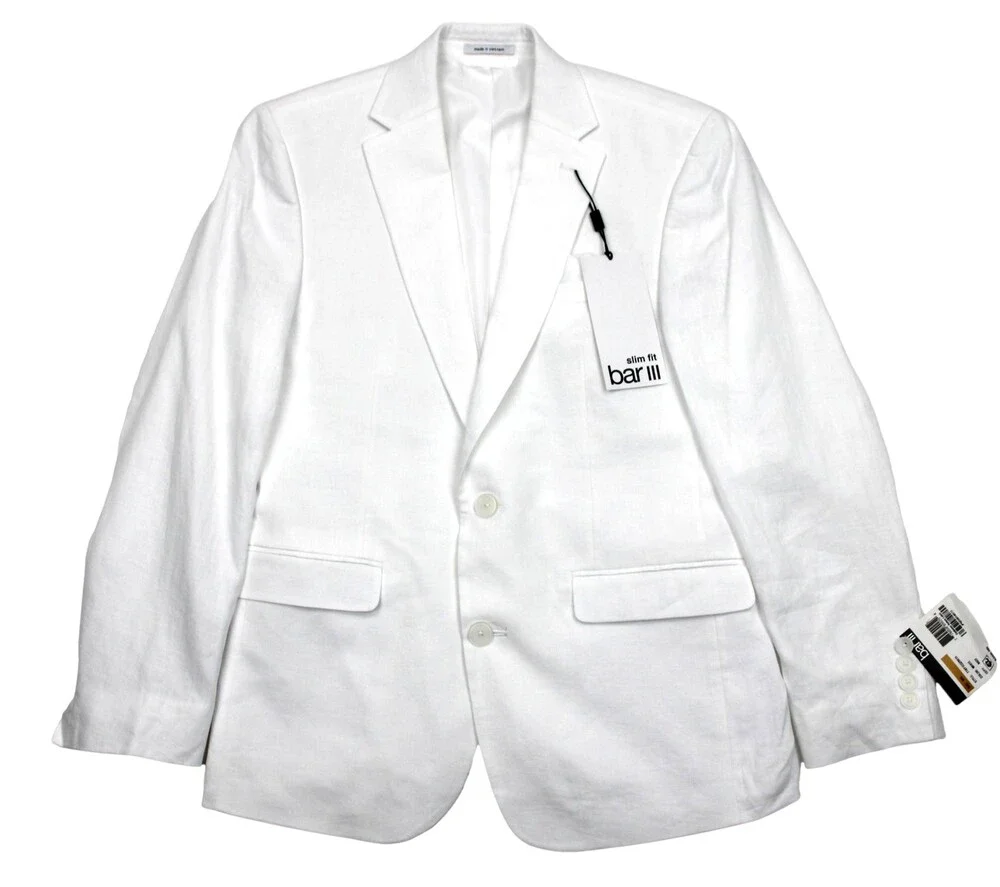 Bar III Blazer Mens 40 S White Slim Fit Linen Sport Coat Jacket Summer